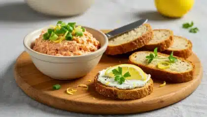 Bol de rillettes de saumon fumé crémeuses garnies d’oignons nouveaux et de zestes de citron, accompagné de tranches de pain tartinées et décorées de citron et de persil, présenté sur une planche en bois.