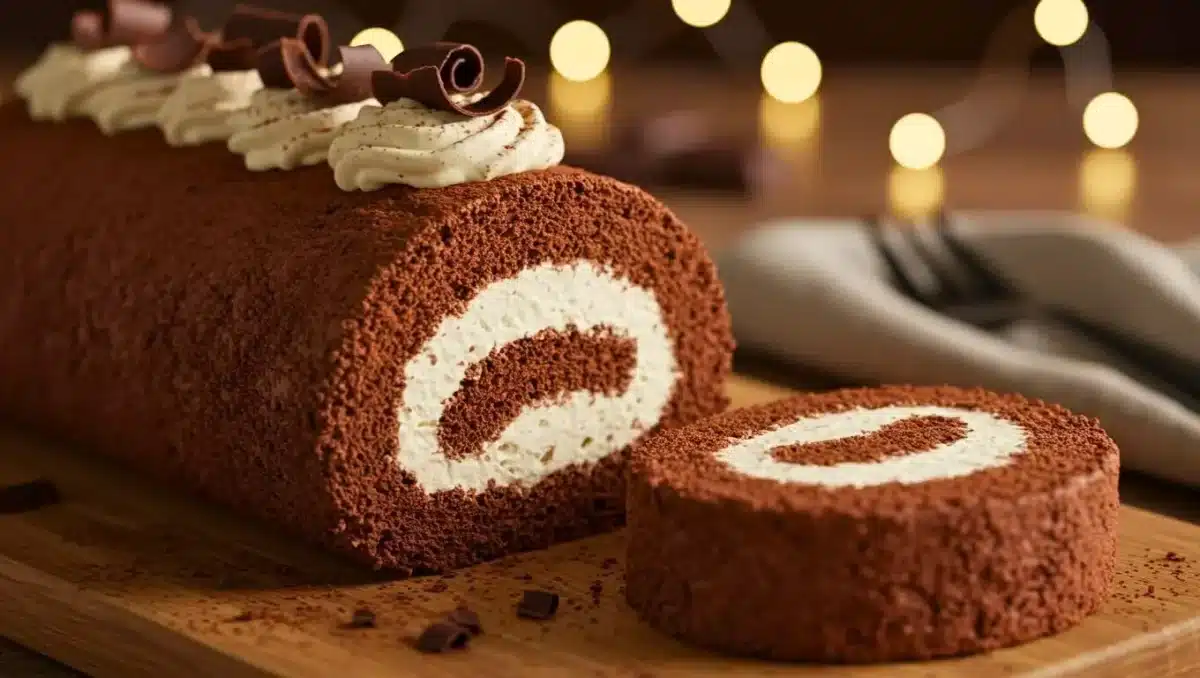 Gâteau roulé au chocolat garni de chantilly, tranché, décoré de copeaux de chocolat et de crème, présenté sur une planche en bois avec un fond de lumières floues.