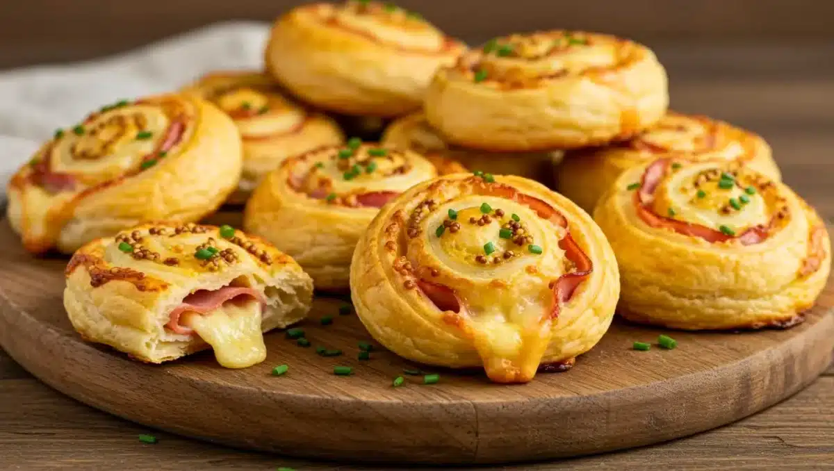 Feuilletés roulés jambon–fromage dorés et croustillants, garnis de ciboulette et de moutarde à l’ancienne, avec un feuilleté ouvert laissant couler le fromage fondu, disposés sur une planche en bois.