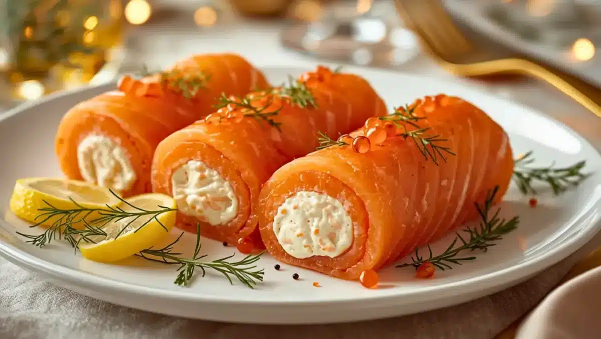 Bûchettes de saumon fumé roulées et garnies d’une mousse de crevettes, décorées d’aneth, d’œufs de saumon et de citron sur une assiette blanche.