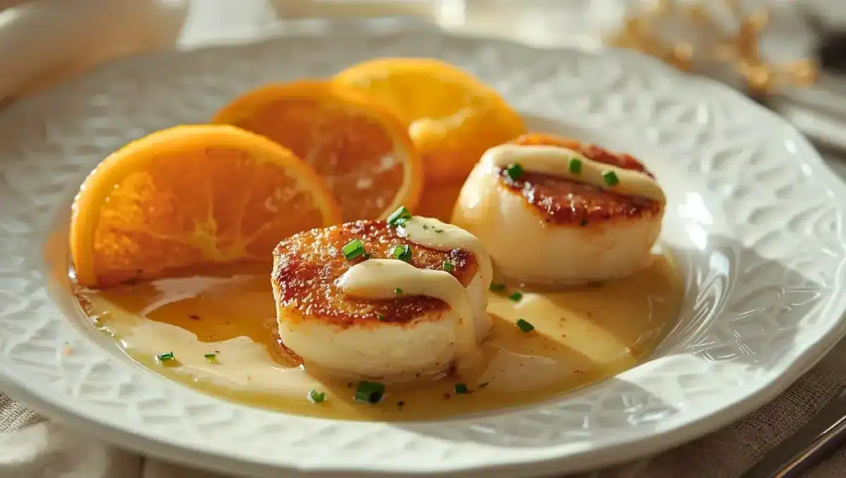 Noix de Saint-Jacques poêlées servies avec des quartiers de clémentine rôtis, nappées d’une sauce aux agrumes et parsemées de ciboulette, dressées sur une assiette blanche.