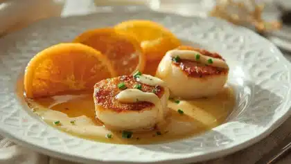 Noix de Saint-Jacques poêlées servies avec des quartiers de clémentine rôtis, nappées d’une sauce aux agrumes et parsemées de ciboulette, dressées sur une assiette blanche.