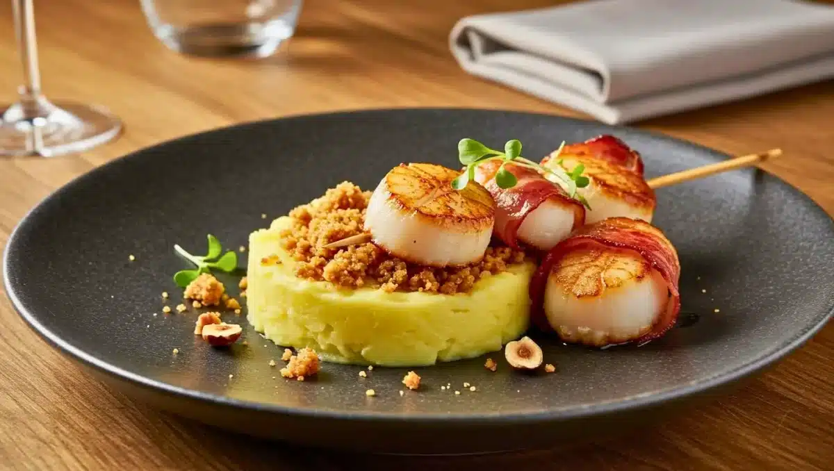 Brochette de Saint-Jacques grillées au lard servie sur purée de Ratte du Touquet avec crumble de noisettes dans une assiette noire.