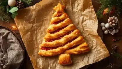 Sapin feuilleté de Noël au pesto, doré au four, présenté sur du papier cuisson avec une forme torsadée et une étoile en pâte feuilletée.