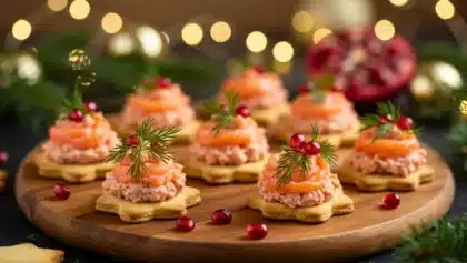 Mini biscuits salés en forme d’étoile garnis de rillettes de saumon, d’un roulé de saumon fumé, de graines de grenade et de brins d’aneth, présentés sur une planche en bois avec décorations de Noël et lumières floues en arrière-plan.