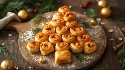 Sapin feuilleté apéritif composé de roulés de pâte feuilletée garnis de saumon, dorés au four, disposés en forme de sapin sur une planche en bois décorée pour Noël.