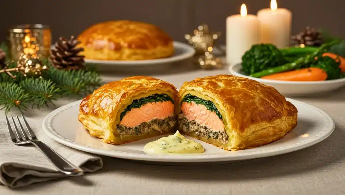 Feuilleté de saumon coupé en deux montrant un cœur de saumon rosé, des épinards et une duxelles de champignons, le tout dans une pâte feuilletée dorée, servi avec sauce et légumes, décor de table de Noël en arrière-plan.