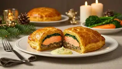 Feuilleté de saumon coupé en deux montrant un cœur de saumon rosé, des épinards et une duxelles de champignons, le tout dans une pâte feuilletée dorée, servi avec sauce et légumes, décor de table de Noël en arrière-plan.