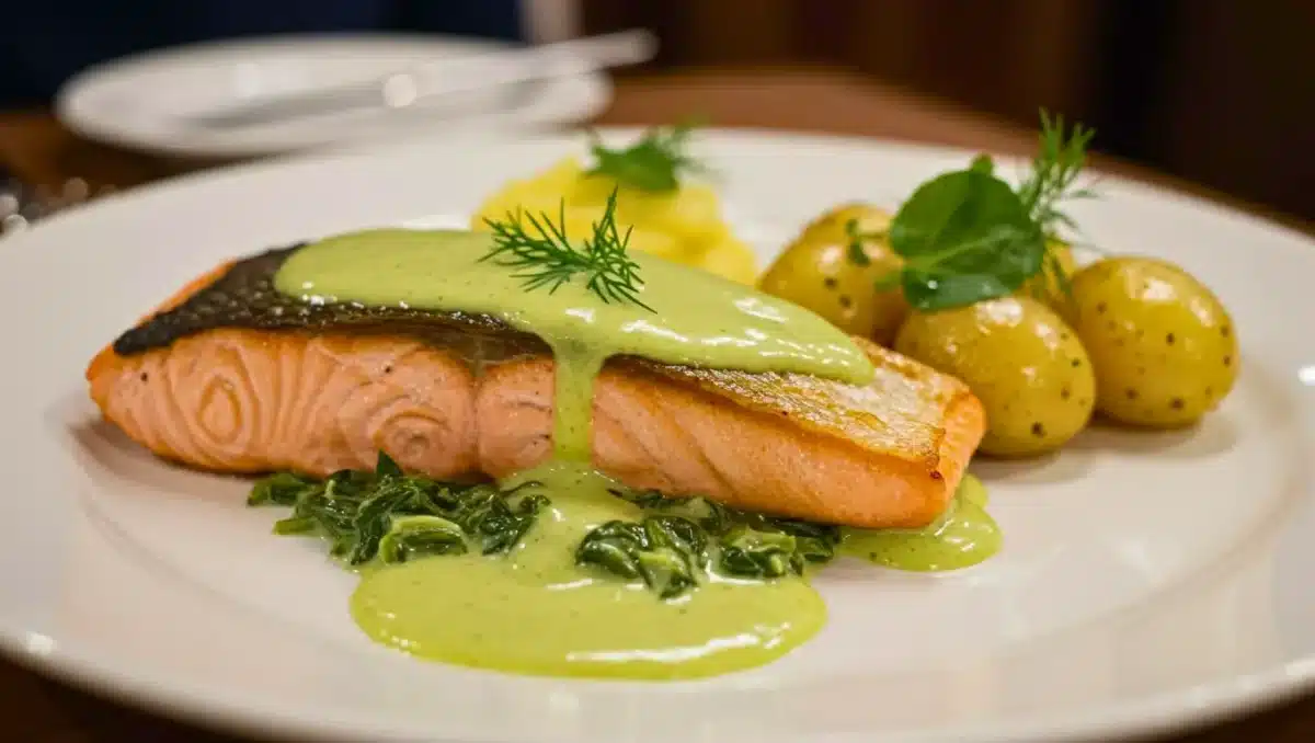 Assiette de saumon poêlé nappé d’une sauce à l’oseille verte et crémeuse, servi avec pommes de terre vapeur et épinards, décorée d’aneth frais.