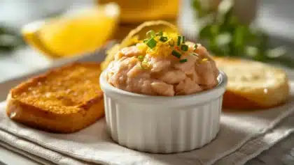 Rillettes de saumon maison servies dans un ramequin en porcelaine, garnies de ciboulette et de zestes de citron, accompagnées de pain grillé sur une table lumineuse.