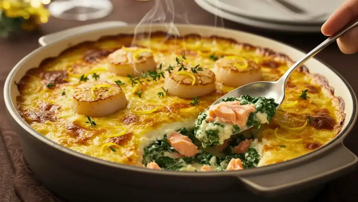 Gratin au saumon, Saint-Jacques et épinards dans un plat rond, avec une surface dorée ; une cuillère soulève une portion crémeuse révélant morceaux de saumon rose et épinards fondants, surmonté de Saint-Jacques dorées au citron.