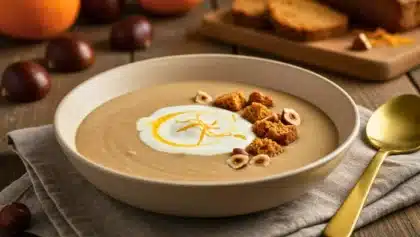 Bol de velouté de châtaignes garni de chantilly au mascarpone, zestes d’orange, dés de pain d’épice et noisettes, posé sur une table en bois avec décor hivernal.