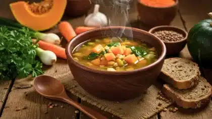 Bol de soupe maison fumante aux légumes d’hiver, servi sur une table rustique avec pain complet et légumes frais.