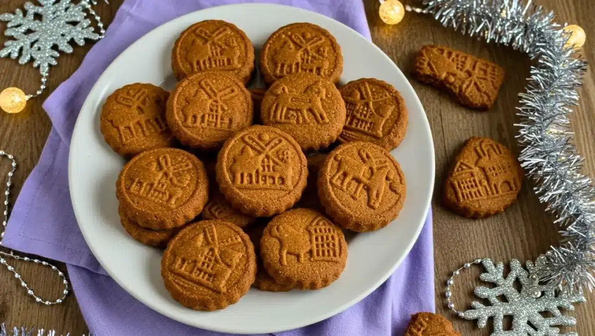 Assiette de spéculoos maison dorés, aux motifs traditionnels, présentée sur une table décorée d’éléments de Noël comme des guirlandes et flocons argentés.