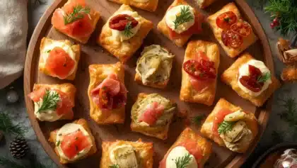 Feuilletés apéritifs garnis au saumon fumé, fromage frais, tomates confites et herbes, servis sur plateau.