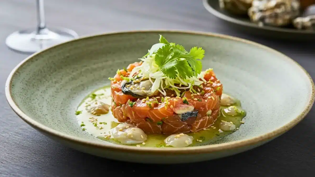 Tartare de bar et huîtres dressé dans une assiette, arrosé d’une marinade au citron vert et miso, garni de chou blanc, coriandre et graines de sésame, photographié en vue rapprochée.