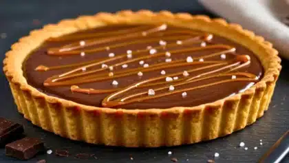 Tarte au chocolat noir recouverte de filets de caramel au beurre salé et parsemée de quelques grains de fleur de sel, avec une pâte sablée dorée.