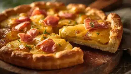 Tarte rustique à la raclette coupée en part, garnie de pommes de terre dorées, de fromage fondant et de jambon fumé, servie sur une planche en bois.