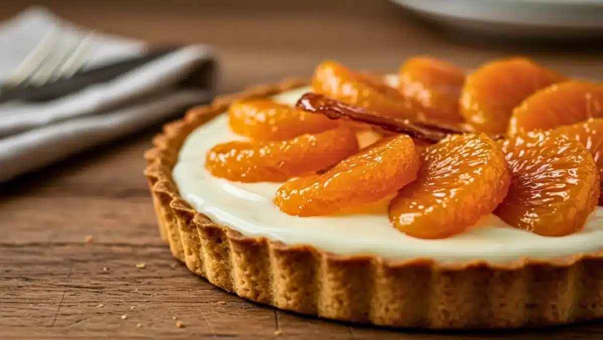 Tarte au chocolat blanc garnie de segments de clémentines confites brillantes, posée sur une pâte sablée dorée, sur un plan de travail en bois.