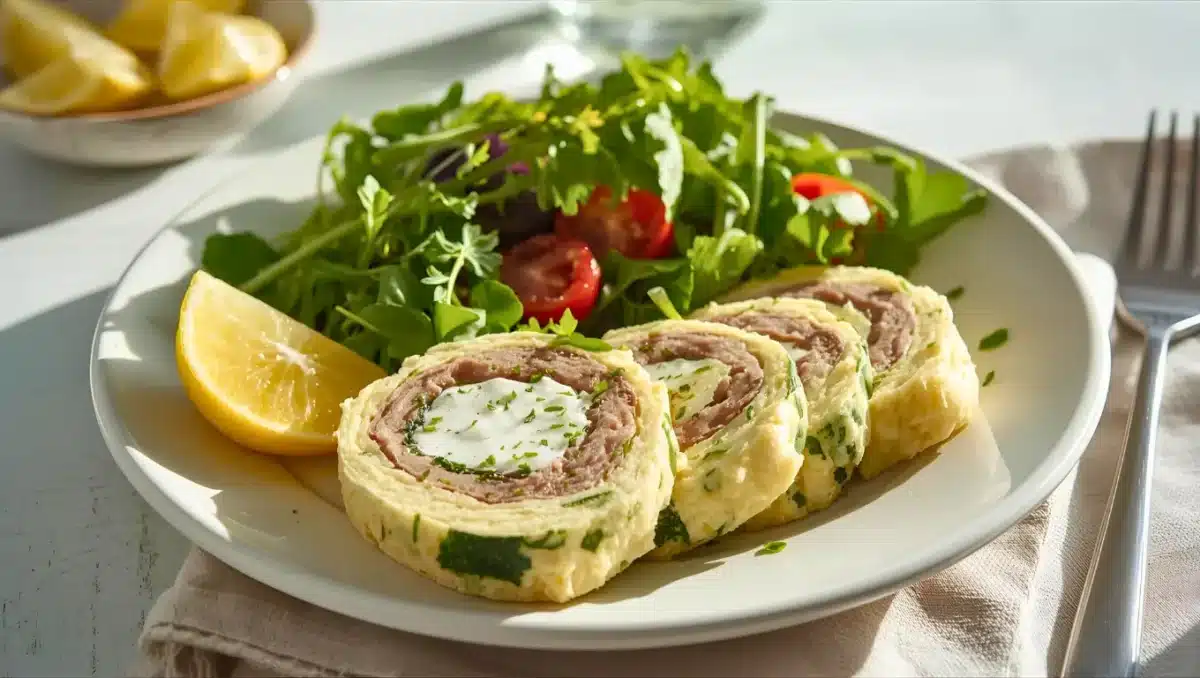 Terrine froide de courgette et thon coupée en tranches, servie avec une salade verte, des tomates cerises et un quartier de citron dans une assiette blanche.