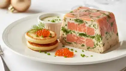 Terrine de saumon aux herbes tranchée, accompagnée de blinis, crème à la ciboulette et œufs de saumon, dressée dans une assiette de fête.