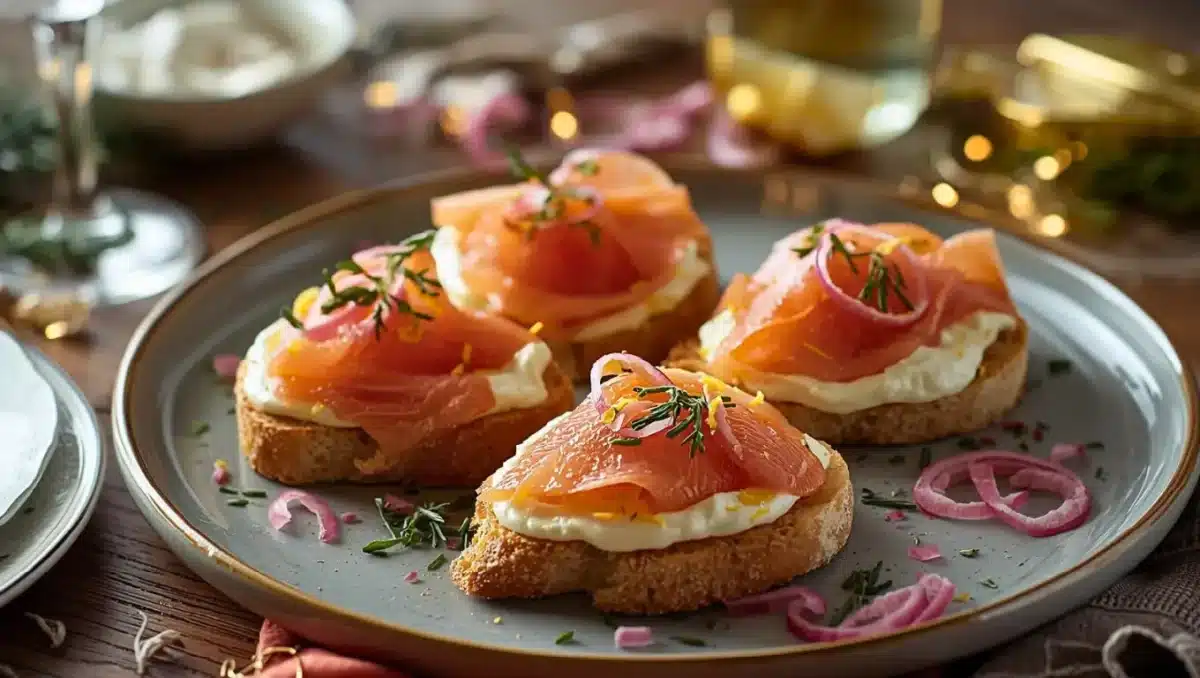 Toasts de truite fumée française garnis de fromage frais, d’herbes et d’oignons rouges, présentés sur une assiette élégante pour un repas de fête.