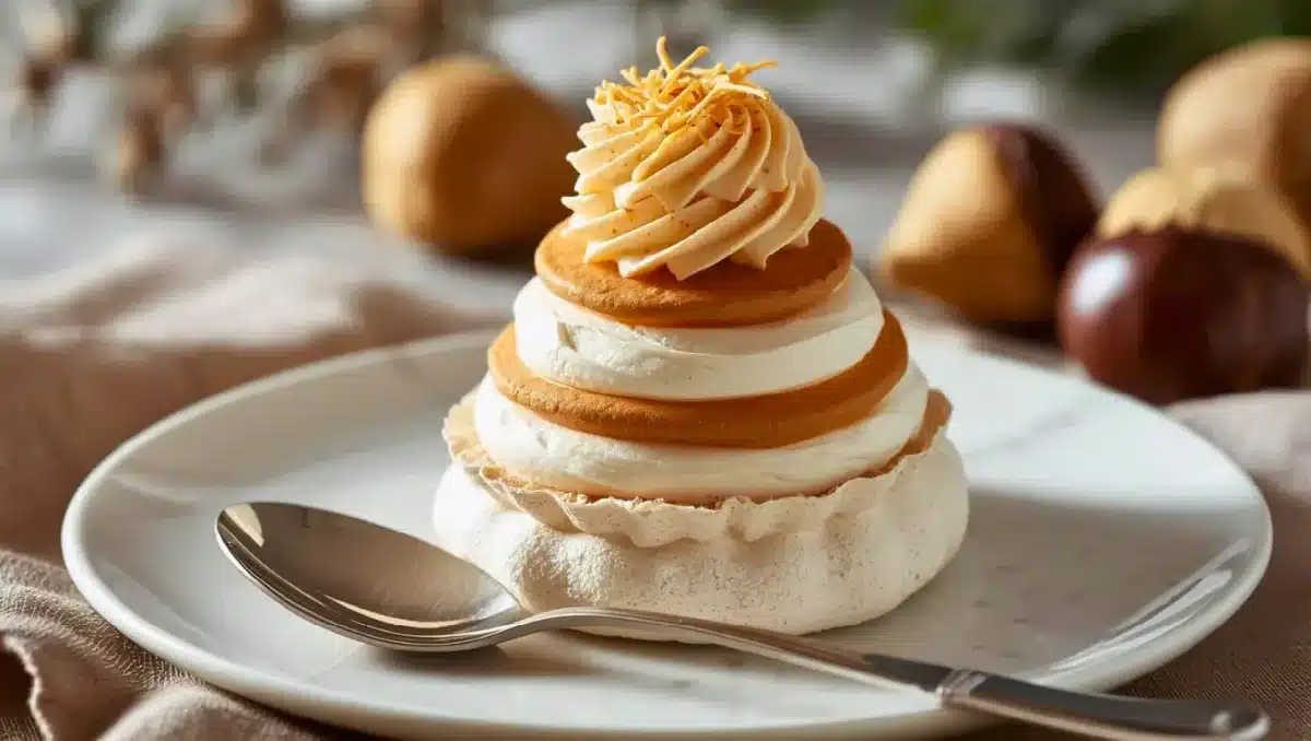 Mont-Blanc individuel composé de disques de meringue, crème chantilly et crème de marrons dressée en spirale, présenté sur une assiette blanche dans une ambiance hivernale.