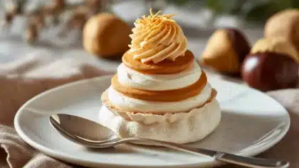 Mont-Blanc individuel composé de disques de meringue, crème chantilly et crème de marrons dressée en spirale, présenté sur une assiette blanche dans une ambiance hivernale.