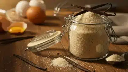 Bocal de sucre vanillé maison rempli de sucre infusé à la vanille, entouré de gousses de vanille, de sucre répandu et d’œufs posés sur une table en bois.