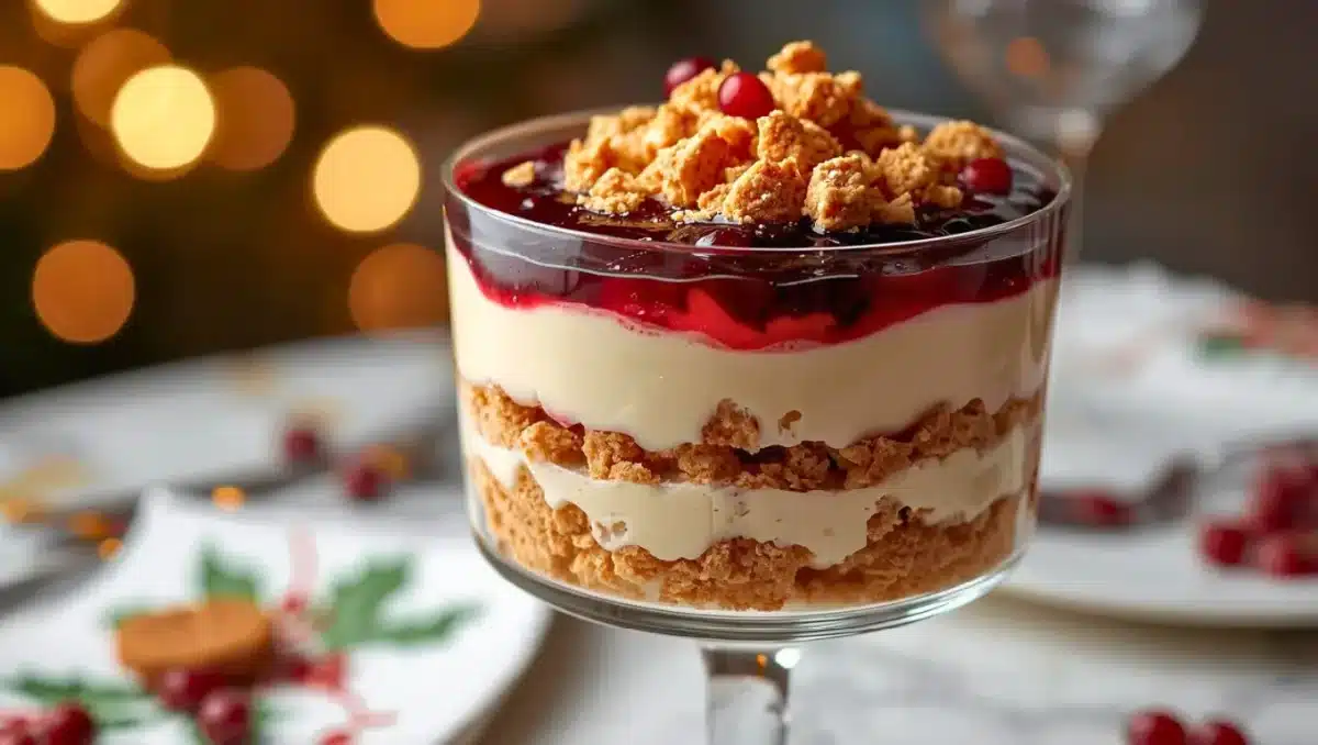 Verrine dessert au spéculoos et mascarpone avec couches de biscuits émiettés, crème onctueuse et coulis de fruits rouges, décorée de miettes croustillantes dans une ambiance festive.
