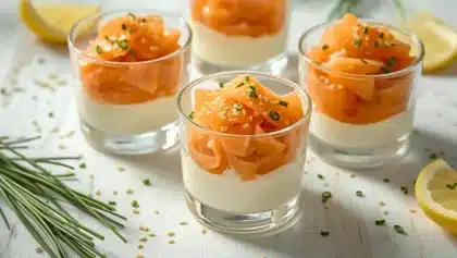 Verrines en verre garnies de fromage frais crémeux et de saumon fumé coupé finement, décorées de ciboulette et de graines de sésame, présentées avec du citron.