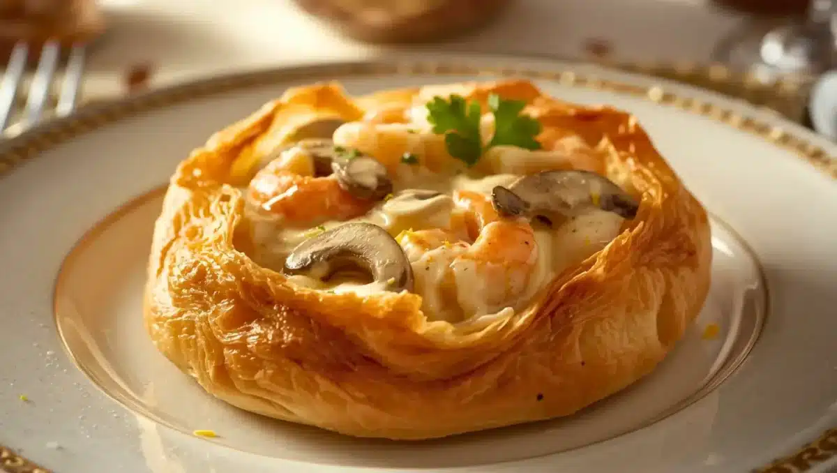Bouchée à la reine feuilletée garnie d’une sauce crémeuse au poisson blanc, crevettes et champignons, servie dans une assiette élégante.