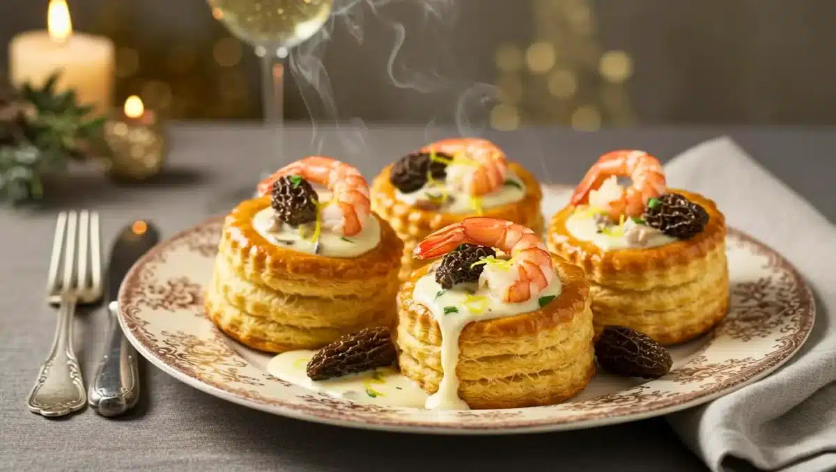Vol-au-vents dorés garnis de sauce crémeuse, morilles et langoustines, disposés sur une assiette élégante avec vapeur visible, ambiance de fête en arrière-plan.