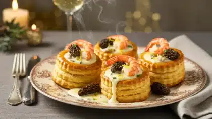 Vol-au-vents dorés garnis de sauce crémeuse, morilles et langoustines, disposés sur une assiette élégante avec vapeur visible, ambiance de fête en arrière-plan.