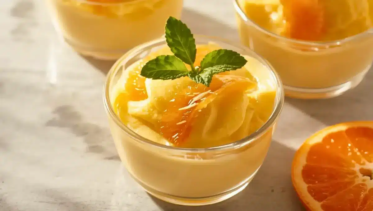 Yaourt glacé à la mangue et clémentine servi en verrine, décoré de quartiers d’agrumes et de feuilles de menthe.