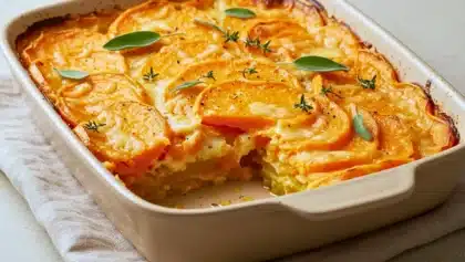 Gratin de patates douces crémeux dans un plat à gratin, décoré de feuilles de sauge et de thym, fraîchement sorti du four.