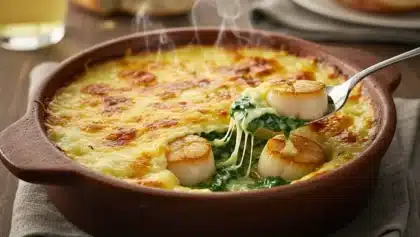 Gratin de Saint-Jacques aux épinards dans un plat en terre cuite, avec fromage gratiné et Saint-Jacques dorées ; une cuillère soulève une portion filante de sauce et d’épinards.