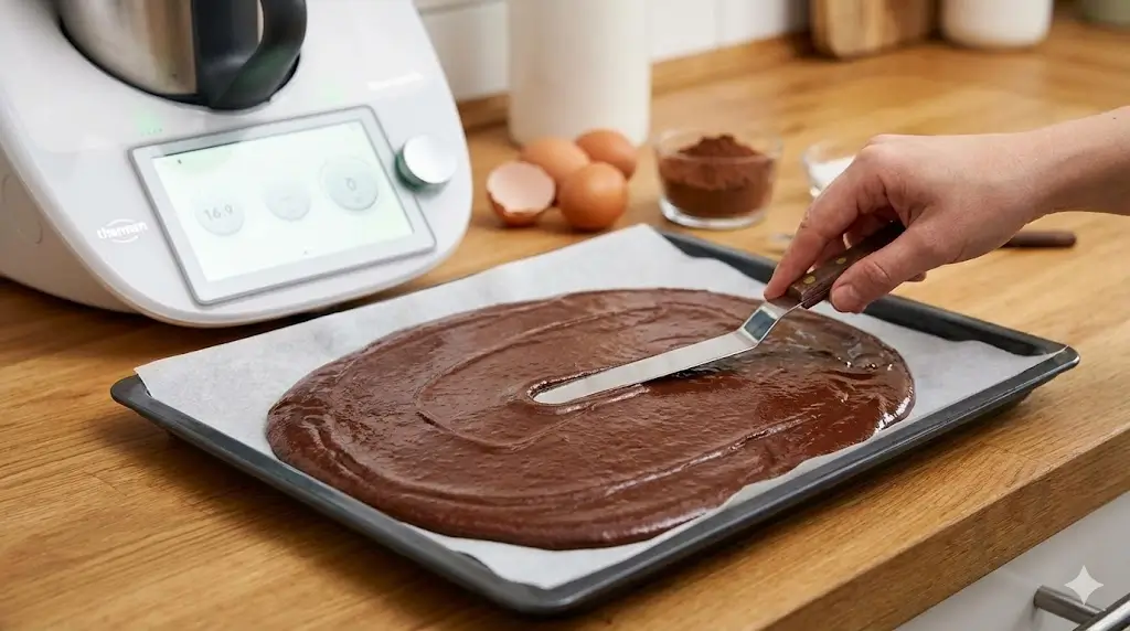 Une main utilise une spatule pour étaler une pâte à génoise au chocolat sur une plaque de cuisson recouverte de papier sulfurisé, avec un Thermomix en arrière-plan.
