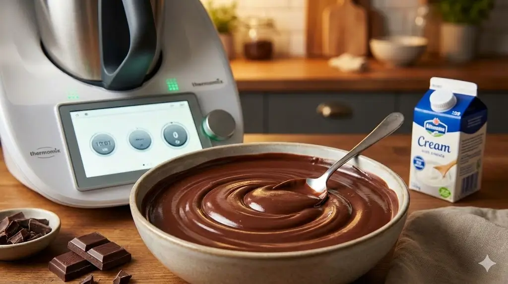 Un bol rempli de ganache au chocolat lisse et brillante avec une cuillère, à côté d'un Thermomix, de morceaux de chocolat et d'une brique de crème.