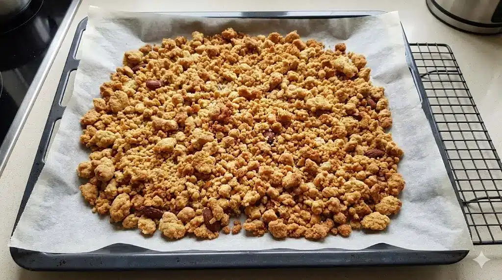 Une plaque de cuisson remplie de miettes de streusel dorées et croustillantes, avec quelques amandes entières visibles, sortant du four.