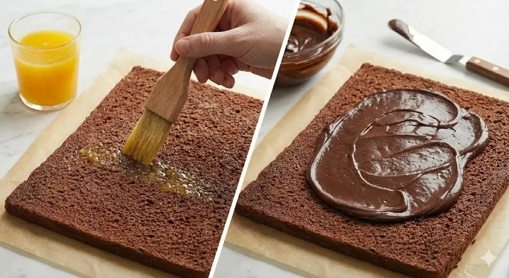 Une personne utilise un pinceau pour imbiber une génoise au chocolat de jus d'orange, tandis qu'une autre main étale de la ganache sur la partie déjà imbibée avant de rouler le biscuit.
