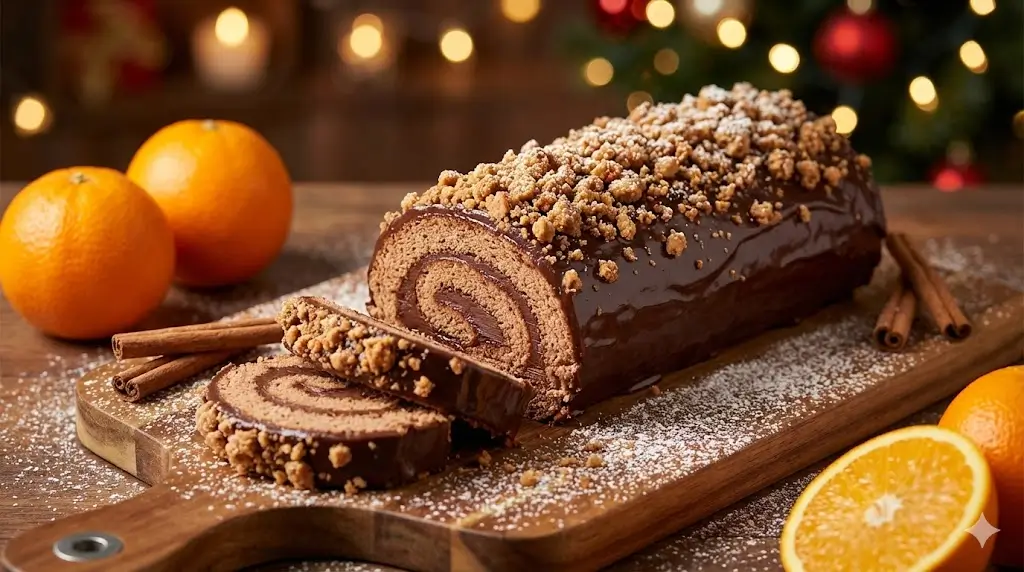 Photographie d'une bûche de Noël au chocolat et streusel, coupée en tranches, sur une planche en bois avec des oranges et des bâtons de cannelle en arrière-plan.