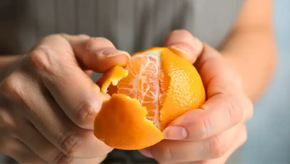 Mains épluchant une clémentine, mettant en valeur la peau d’agrume utilisée pour des recettes et astuces culinaires.