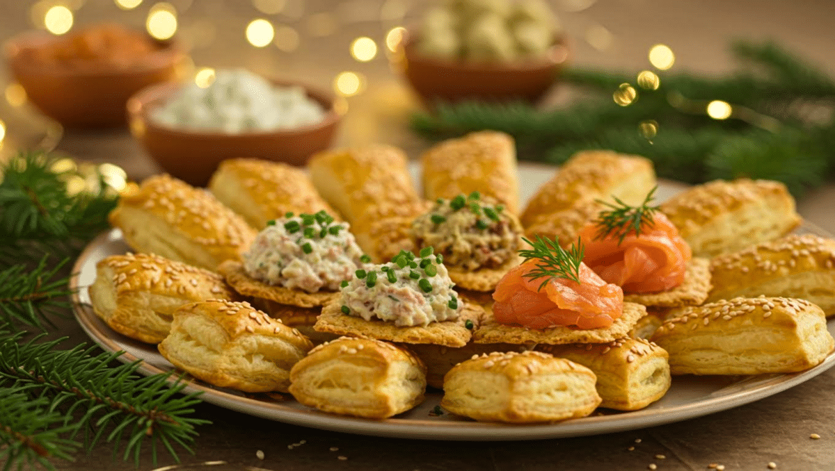 Plateau de feuilletés dorés pour Noël, garnis de saumon fumé, rillettes et fromage frais, présentés dans une ambiance festive.