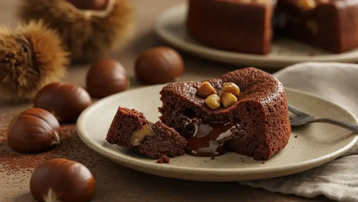 Fondant chocolat–marrons au cœur coulant ouvert sur une assiette, entouré de châtaignes et décoré d’éclats de marrons.