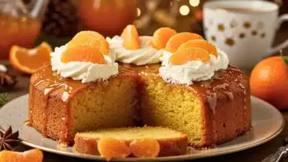 Gâteau moelleux à la clémentine nappé d’un glaçage, décoré de crème fouettée et de quartiers de clémentines, avec une tranche découpée au premier plan.