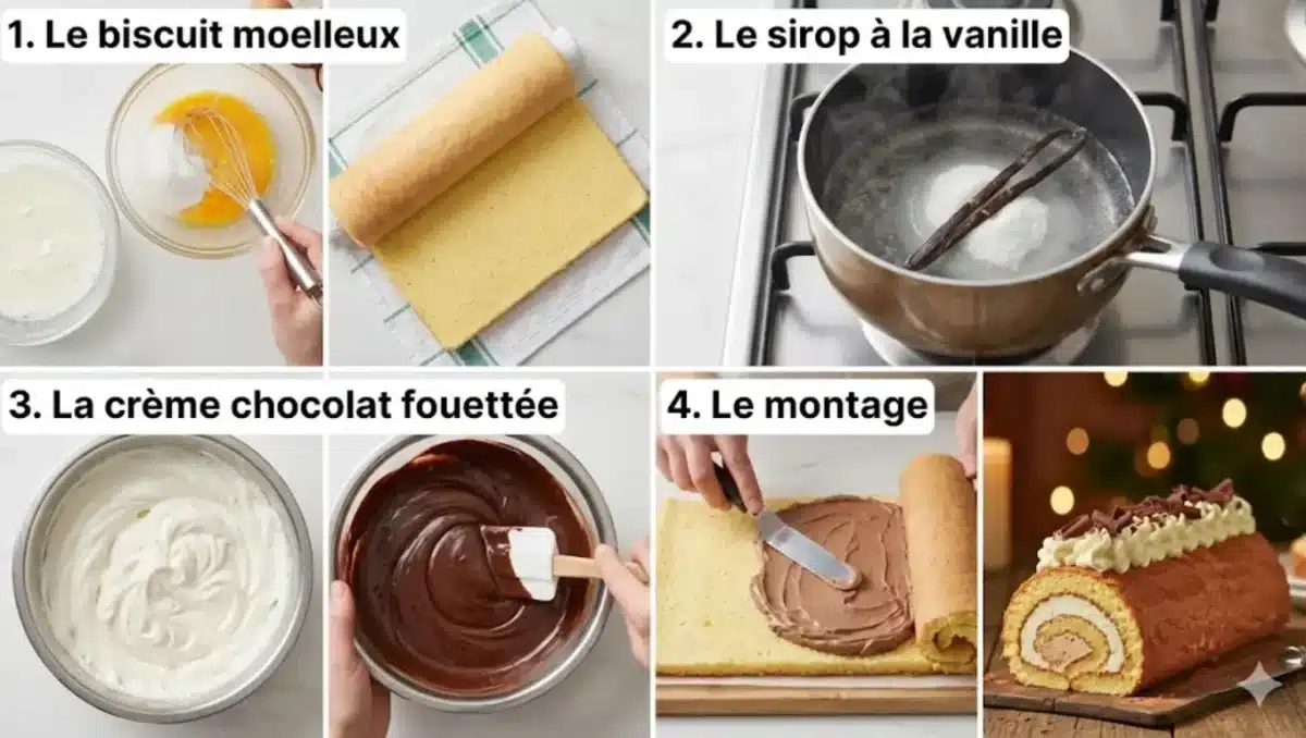 Étapes de préparation d’une bûche de Noël : biscuit roulé, sirop vanille, crème chocolat fouettée et montage final du dessert festif.