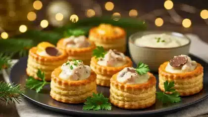 Bouchées à la reine en pâte feuilletée garnies d’une préparation crémeuse, dressées sur un plateau avec herbes fraîches dans une ambiance festive.