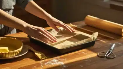 Mains plaçant une feuille de papier cuisson dans un moule, avec du matériel de pâtisserie sur le plan de travail en bois.