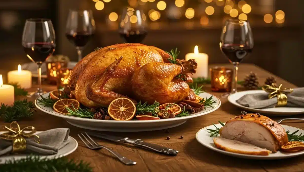 Volaille rôtie dorée présentée sur un plat avec des rondelles d’orange et des herbes, au centre d’une table de Noël éclairée aux bougies.